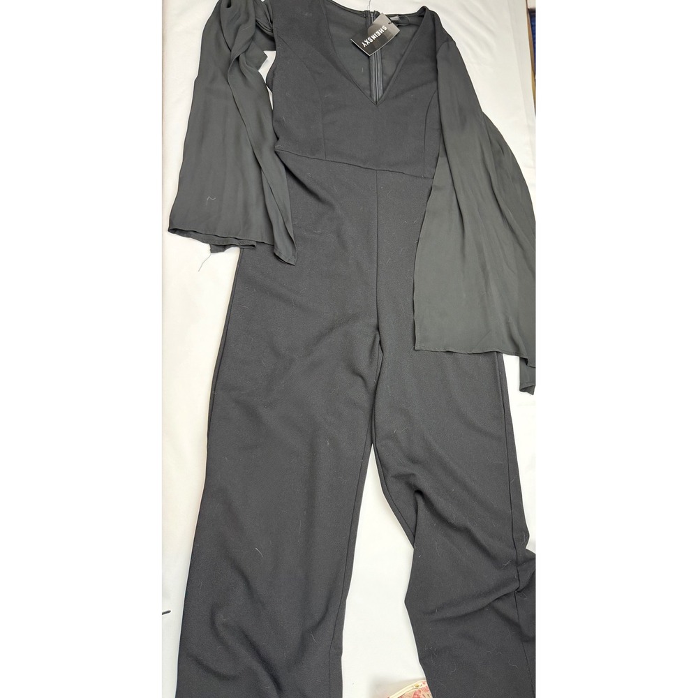 Shein SXY Black V Neck Jumpsuit Sheer Split Bell Sleeve Wide Leg Large NWT